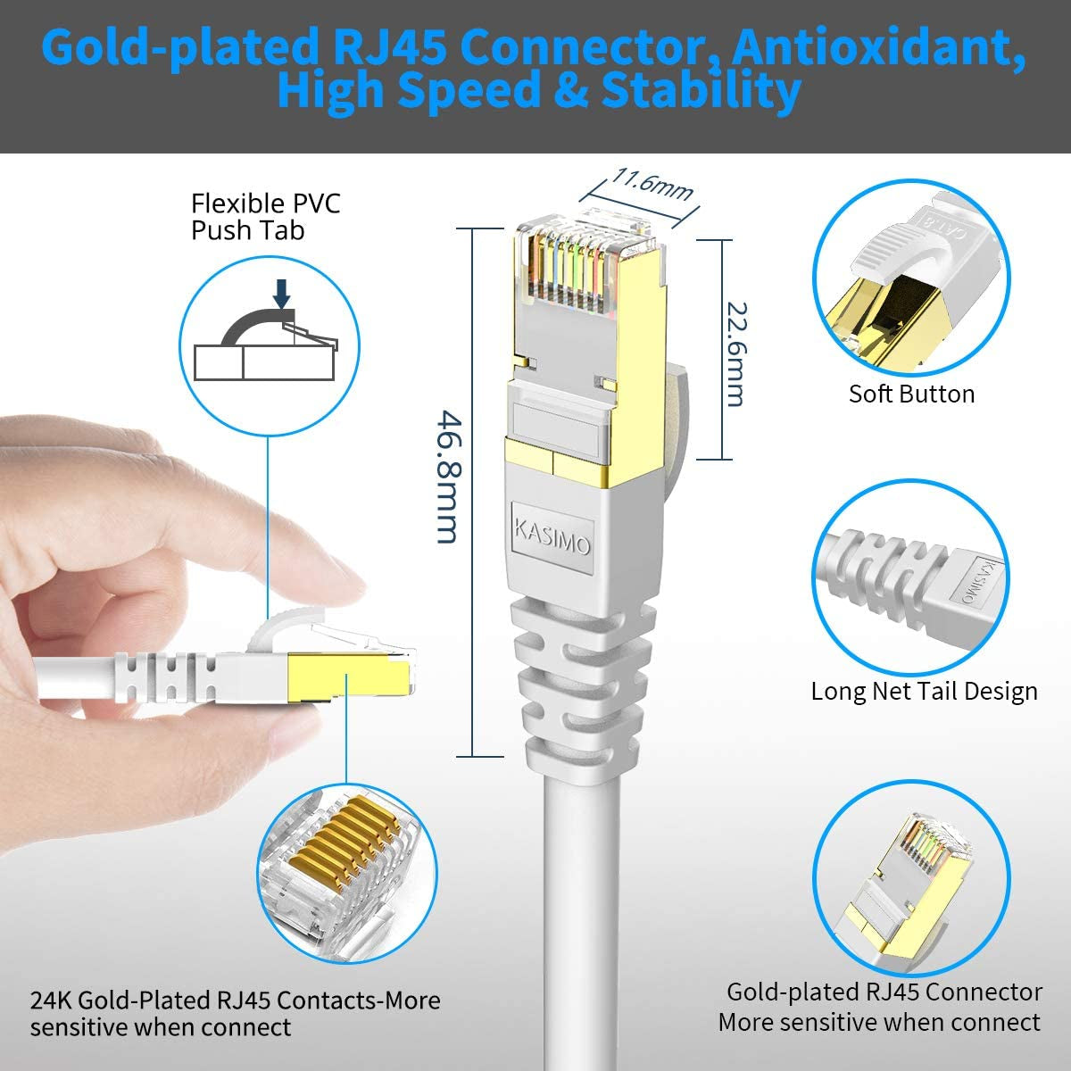 CAT 8 Ethernet Cable 2 FT, Cat8 Internet Cable 40Gbps with RJ45 Gold Plated Connector SFTP, High Speed Gaming LAN Patch Cable, Compatible with Cat5/Cat6/Cat7, White (White, 2FT 1 Pack)