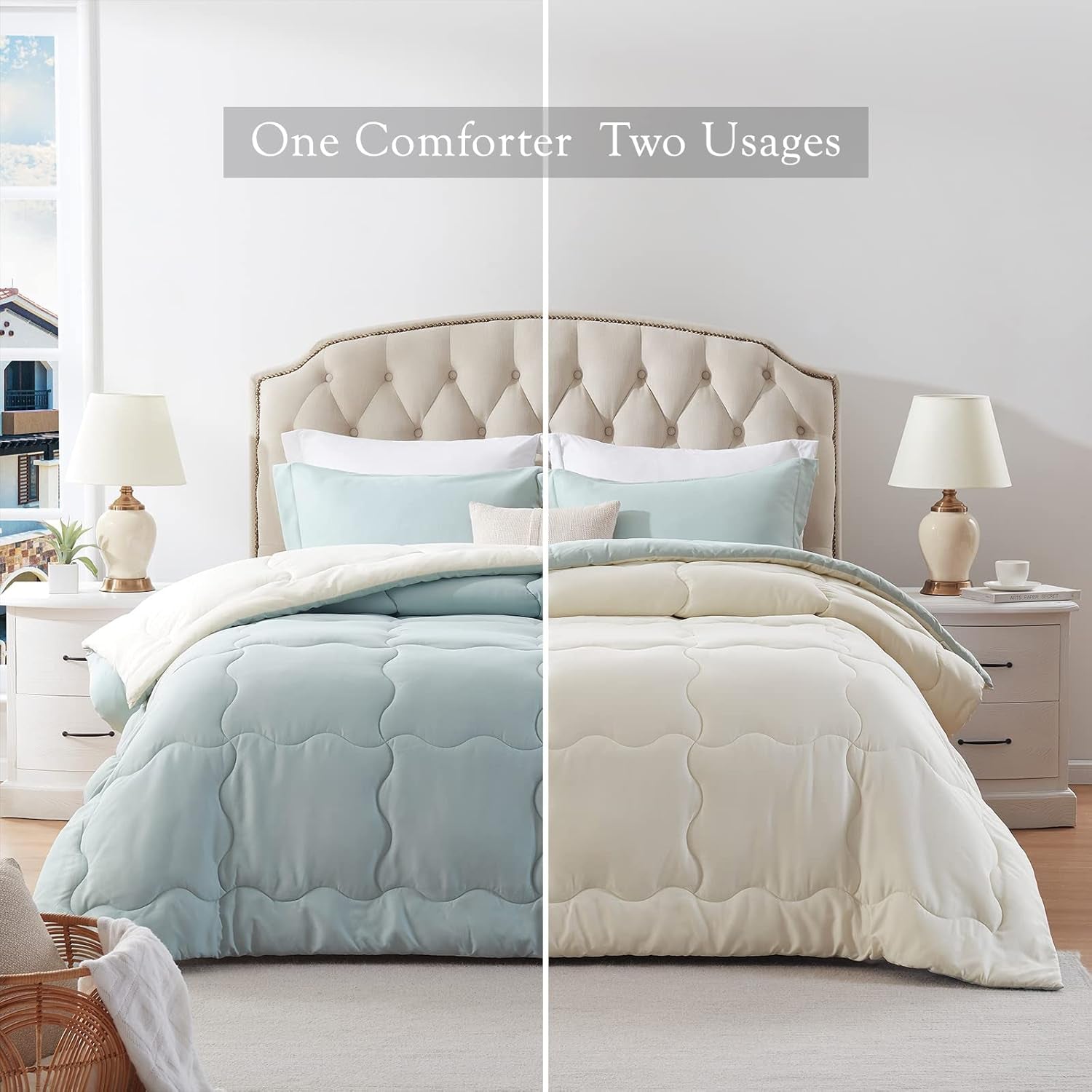 King Size Lightweight Reversible Comforter Set 3-Piece Solid Color Comforter Set for All Seasons Ultra-Soft down Alternative Duvet Insert with Pillow Shams (102X90，Sage Green/Ivory)