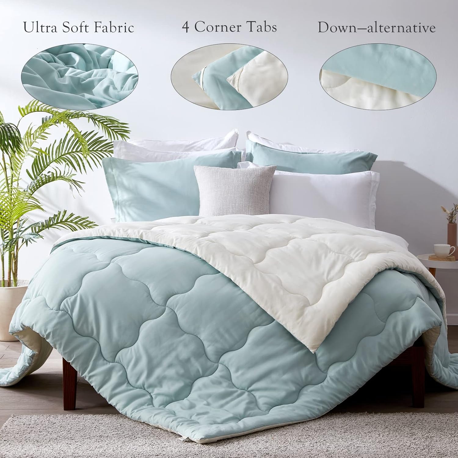 King Size Lightweight Reversible Comforter Set 3-Piece Solid Color Comforter Set for All Seasons Ultra-Soft down Alternative Duvet Insert with Pillow Shams (102X90，Sage Green/Ivory)